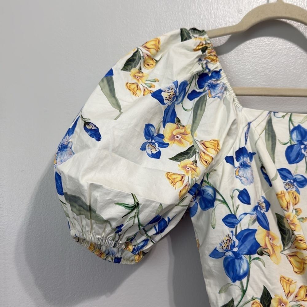Floral Puff-Sleeve Maxi Dress - White with Blue & Yellow Blooms - Picture 3 of 9